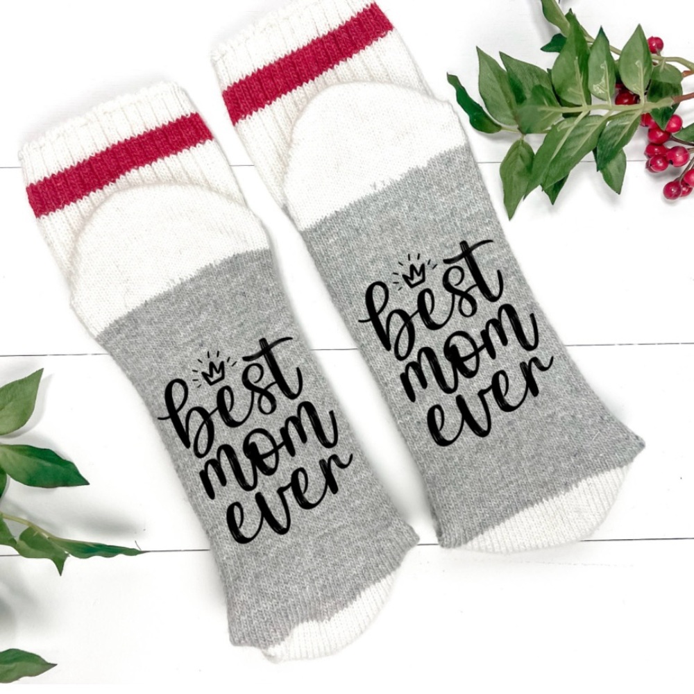 New Stylish White and Gray 'Best Mom Ever' Socks